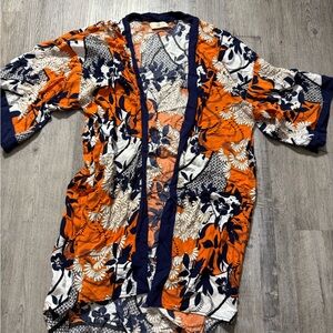 Orange and Blue Kimono Swim Coverup with Abstract Pattern summer Resort wear